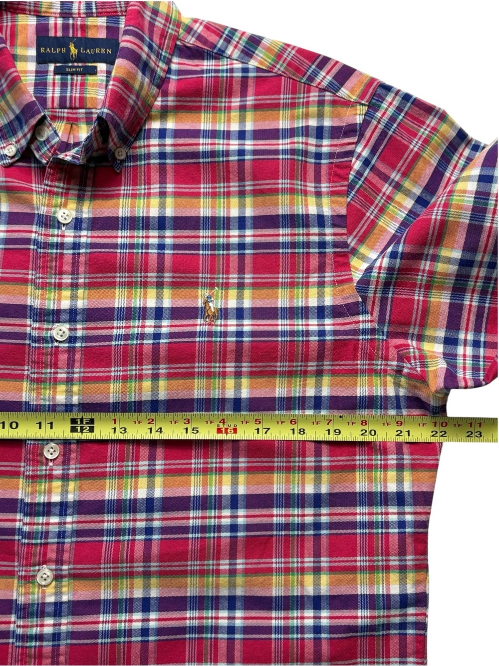 Ralph Lauren Plaid Button Down Shirt Size L Slim Fit Red Yellow Blue Cotton - Picture 6 of 9